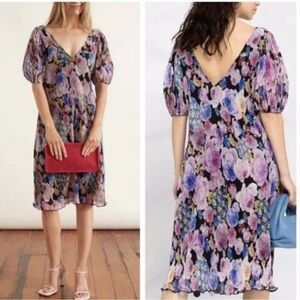 GANNI Floral Plisse V-Neck Dress Multicolor EU 34 XS Watercolor